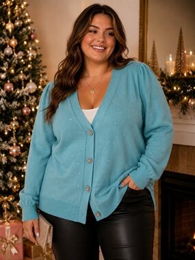 Kate & Mallory XL Aqua Rhinestone Crystal Button Holiday Cardigan NWT